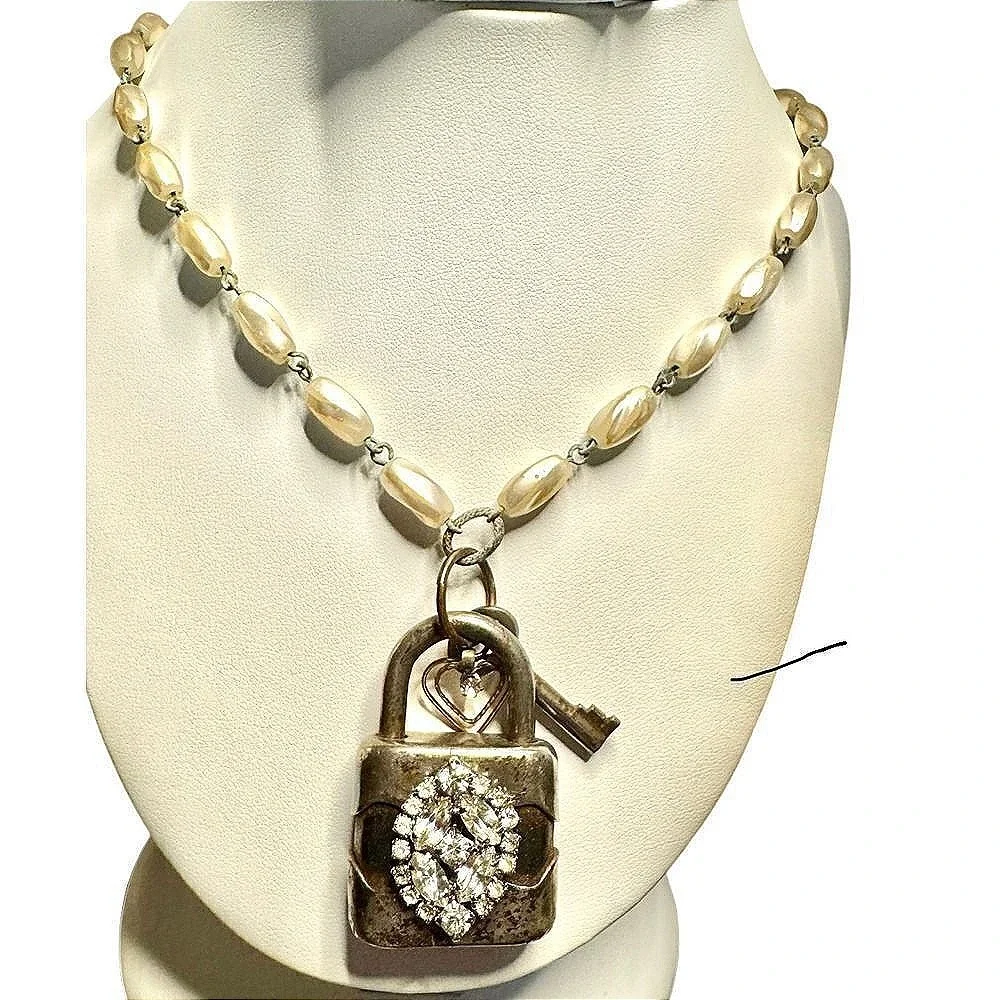 Vintage‎ Handmade Artisan Lock Necklace Rhinestone Key Charm Pendant